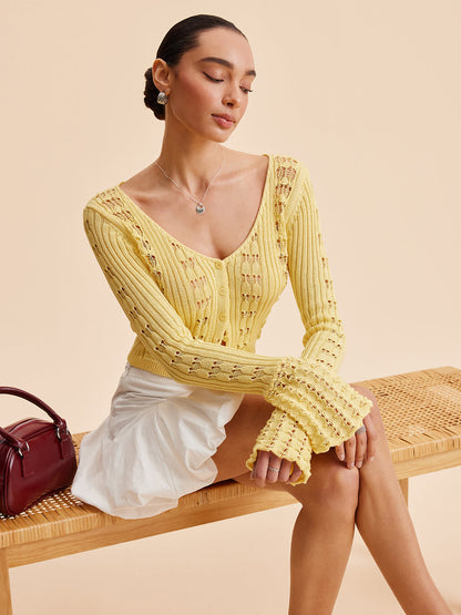 Bell Sleeve Crochet Knit Cardigan