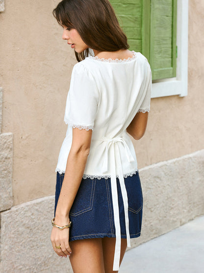 Cotton & Linen Lace Tie-Back Shirt