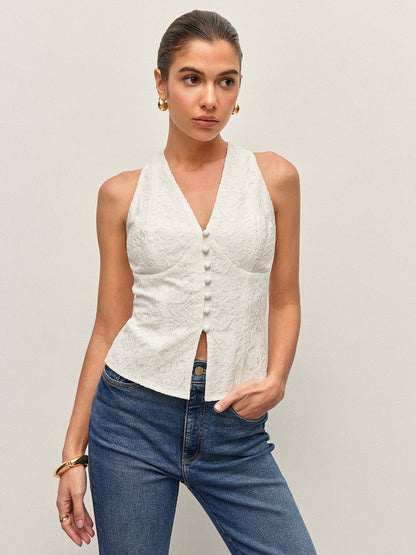 Lace Button Detail Halter Top