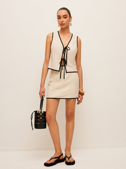 Cotton & Linen Contrast Trim V-Neck Skirt Set