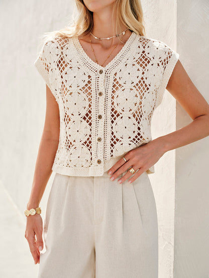 Semi-Sheer Jacquard Cut-Out V-Neck Tank Top