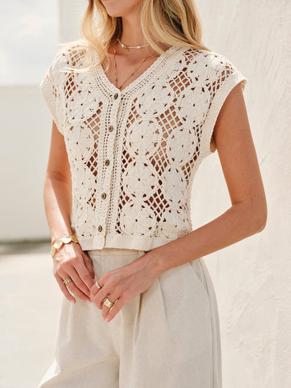 Semi-Sheer Jacquard Cut-Out V-Neck Tank Top