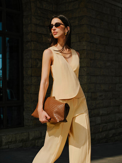 Cotton & Linen Wrap Top With Pants Set