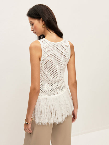 Semi-Sheer Knit Vest With Fringe Hem