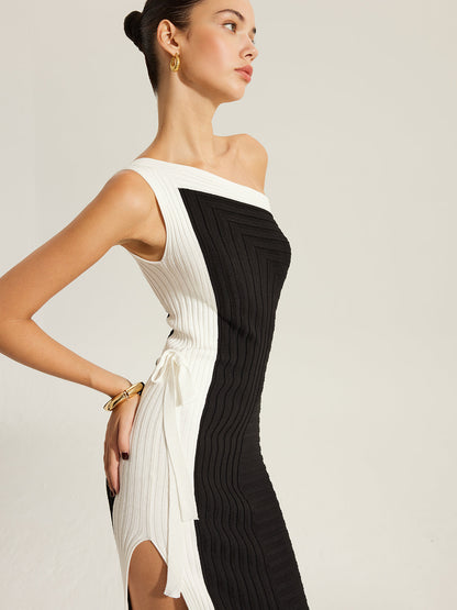 Side Tie Color-Block One-Shoulder Knit Dress