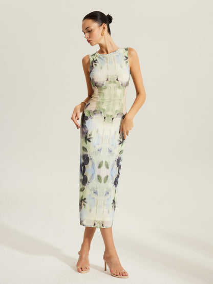 Floral Print Sleeveless Mesh Dress