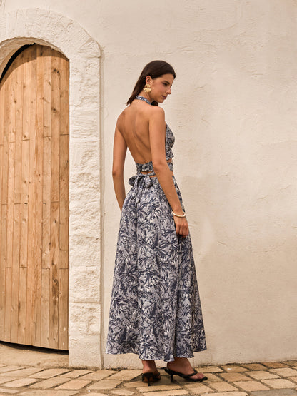 Printed Halter Backless Skirt Set With Tie-Back