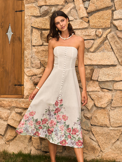 Strapless Floral Print Dress With Decor Buttons