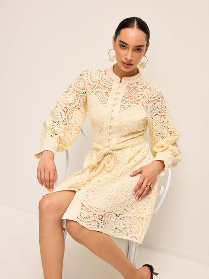 Semi-Sheer Lace Belted Dress