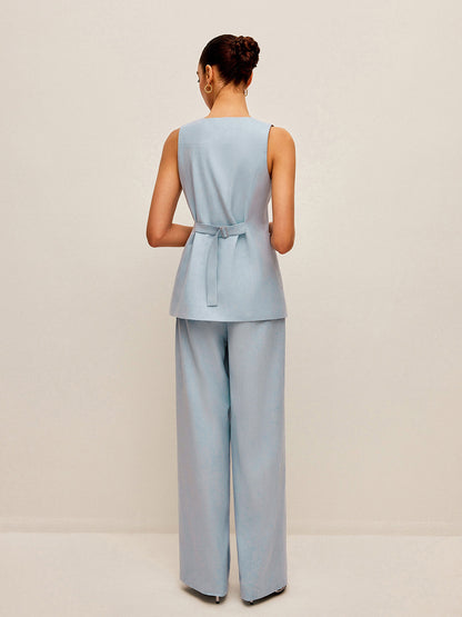 Cotton & Linen Tie-Back Vest With Pants Set
