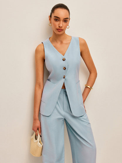 Cotton & Linen Tie-Back Vest With Pants Set