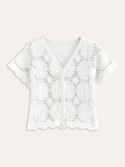 Crochet Floral Button-Front Cardigan