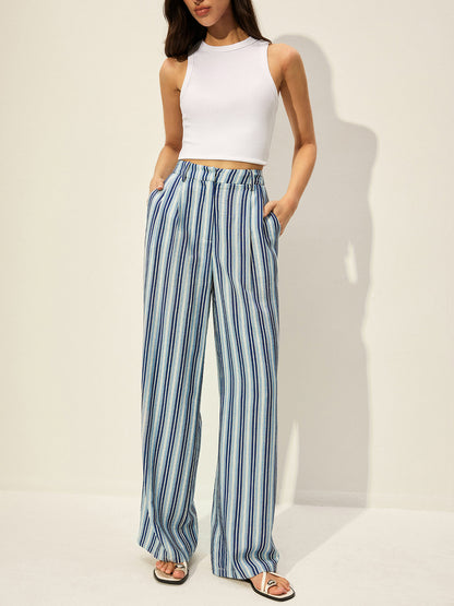 Cotton Blend High-Waist Striped Pants