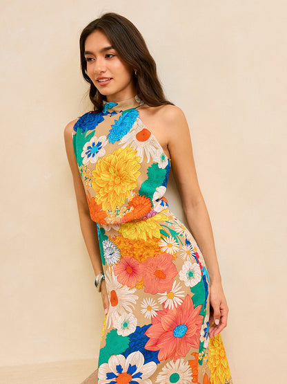 Floral Print Maxi Dress with Tie Back