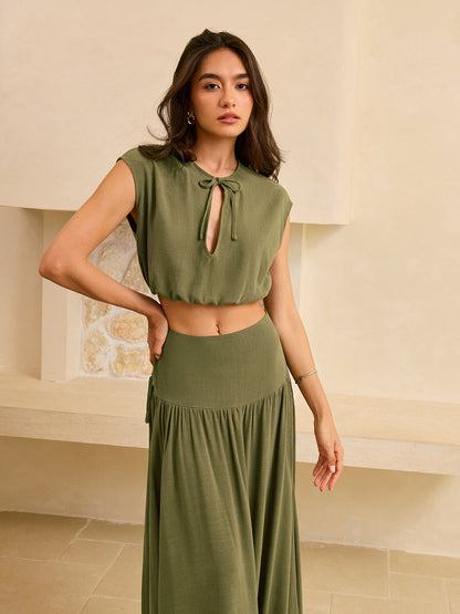 Tie-Detail Crop Top and Maxi Ruffled Skirt Set