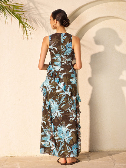 Chiffon Floral Print Sleeveless Dress With Ruffled Detail