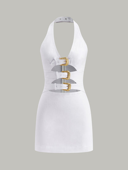 Halter Neck Buckle Detail Denim Dress