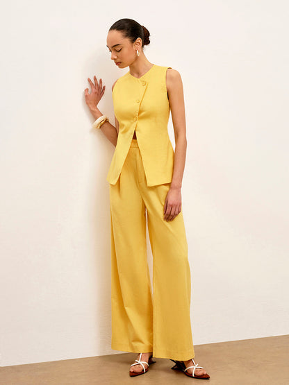 Linen & Cotton Asymmetrical Button Sleeveless Vest