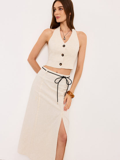 Linen & Cotton Halter Skirt Set with Tie Detail