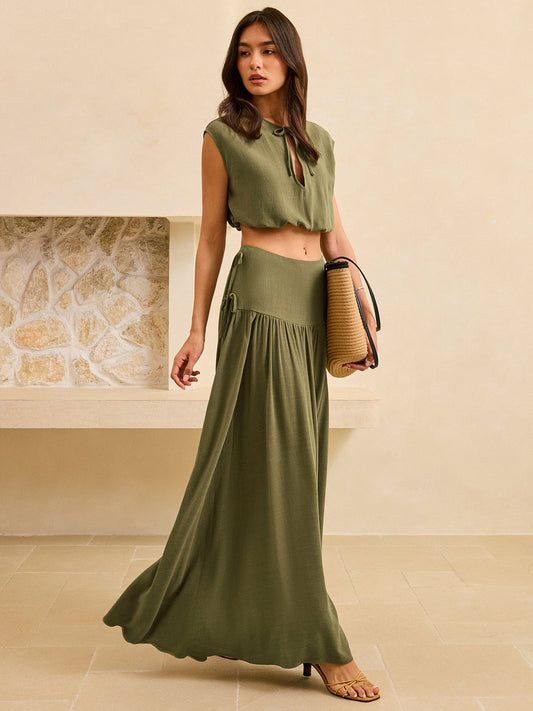 Tie-Detail Crop Top and Maxi Ruffled Skirt Set