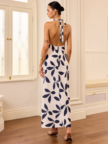 Semi-Sheer Halter Neck Backless Maxi Dress