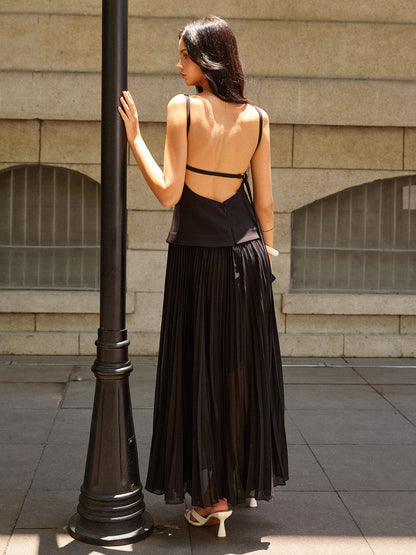 Spaghetti-Strap Backless Pleated Maxi Dress