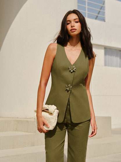 Sleeveless V-Neck Pants Set With Floral Buttons