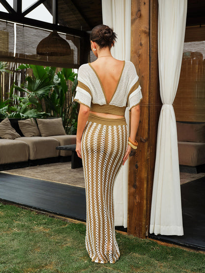 Crochet Stripe Skirt Set With Tassel Tie Waist