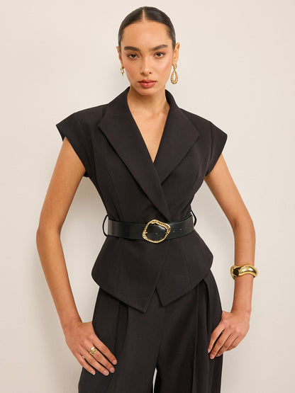 Belted Peplum Vest with Metal Buckle Detail