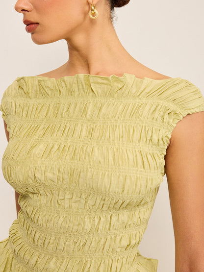 Reversible Pleated Linen Top with Ruffled Neckline