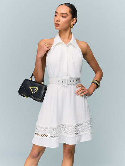 Linen Halter Belted Dress with Lace Hem