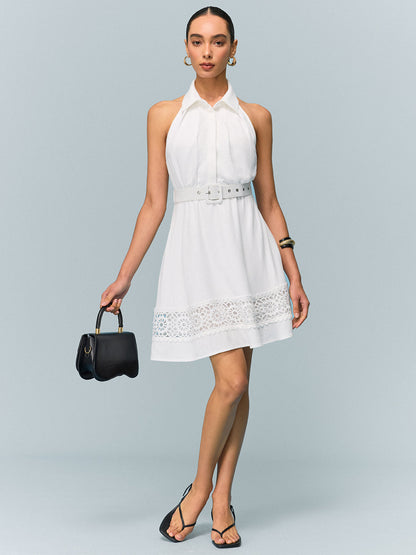 Linen Halter Belted Dress with Lace Hem