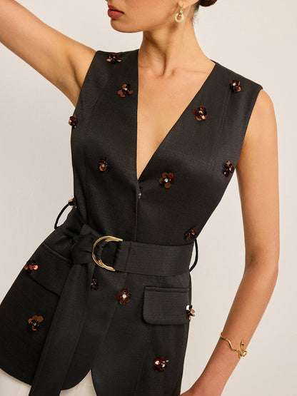 Belted Vest with 3D Sequin Flower Embellishments