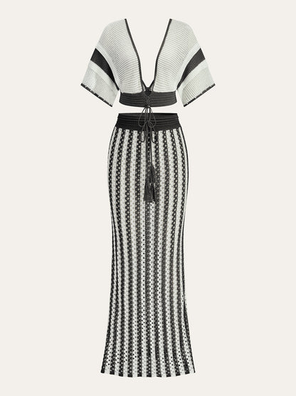 Crochet Stripe Skirt Set With Tassel Tie Waist