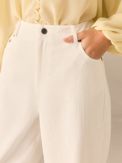 Cotton Twill Wide-Leg Pants with Metal Rivet Button