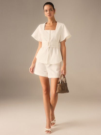 Cotton Square Neckline Top with Belted Waist