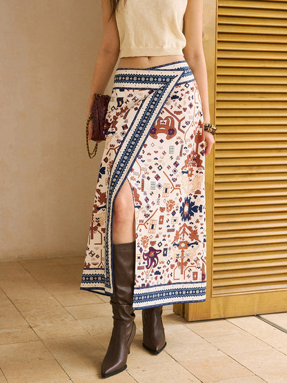 Boho Printed Wrap Midi Skirt