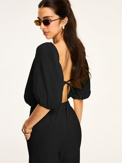Puff-Sleeve Back-Tie Blouse