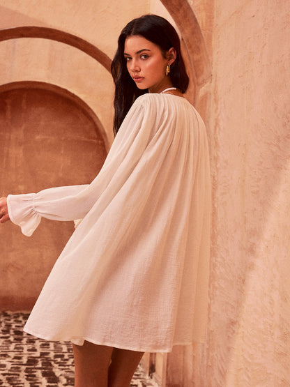 Tasseled Button Cotton Mini Dress