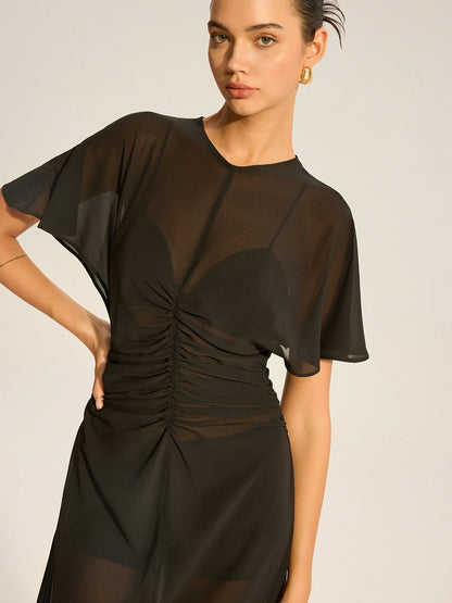 Sheer Chiffon Midi Dress with Lining Slip Two-Piece Set