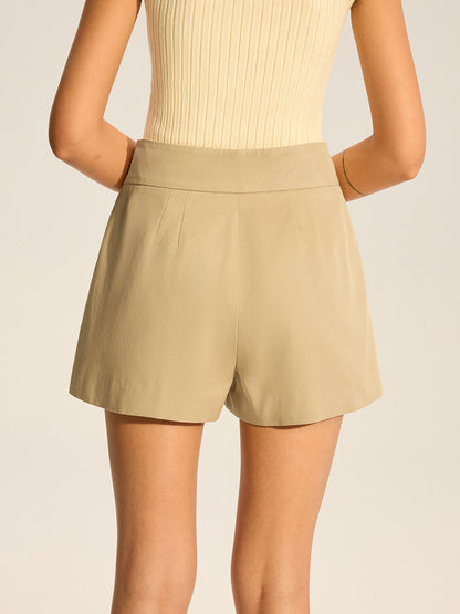 Cotton Blend Mid-Waist Pleated Shorts