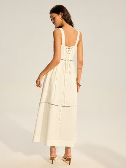 Lace Paneled Back-Tie Cotton Maxi Dress