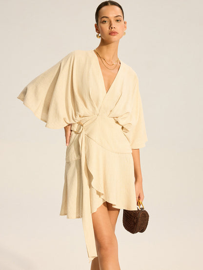 Cotton & Linen Kimono Sleeve Wrap Dress