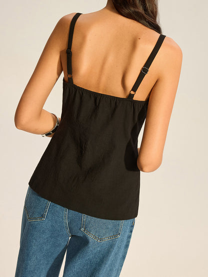 Semi-Sheer Lace-Trimmed Button Top with Slit