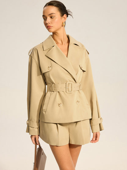 Cotton Blend Belted Double-Breasted Trench Coat