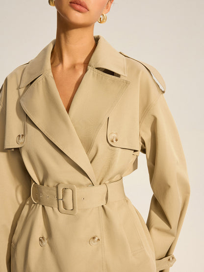 Cotton Blend Belted Double-Breasted Trench Coat