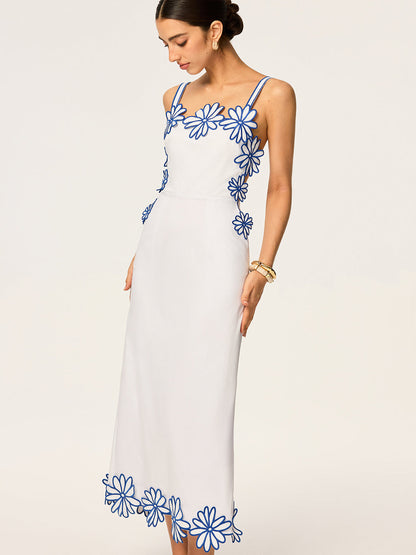 Semi-Sheer Floral Embroidery Back Bow Maxi Dress