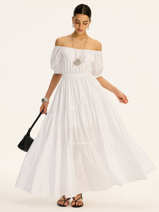 Cotton Off-Shoulder Short-Sleeve Maxi Dress