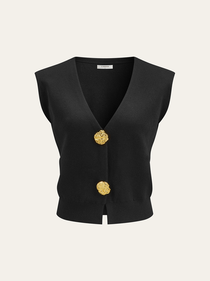 Metal Button V-Neck Knit Vest