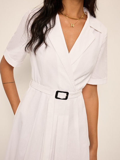 Linen & Blend Belted Pleated Shirt Dress